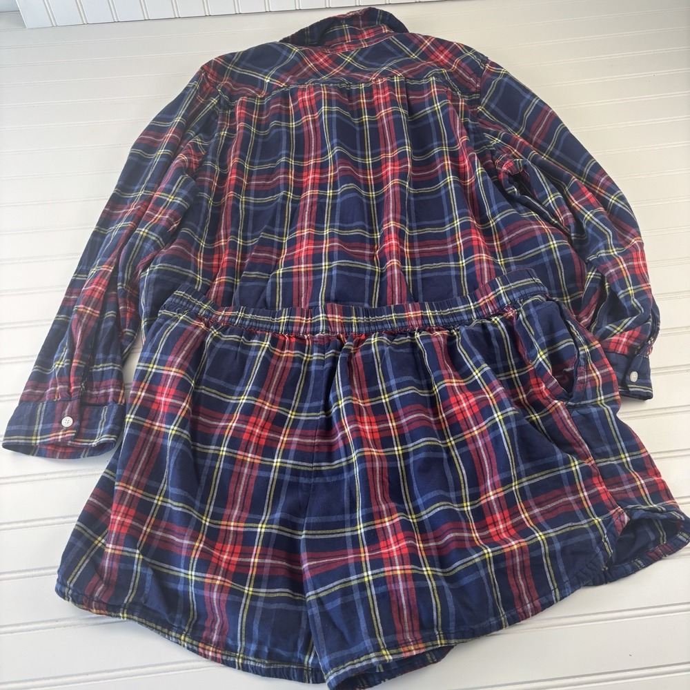 Aerie Women's Flannel Pajama Set Plaid LS Top XL Shorts XL Soft Red Blue Holiday - Picture 7 of 13